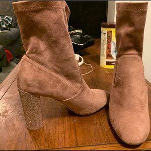Blush pink block heel boots